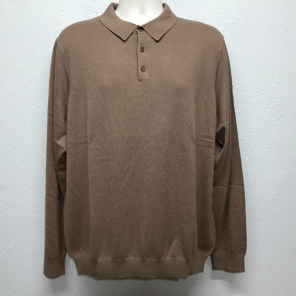 Paul Fredrick Sweater Polo Mens XL Camel Brown Silk Cotton Cashmere KMS203L
